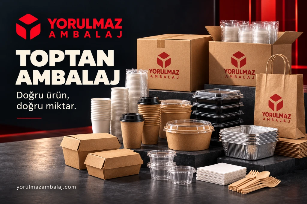 Yorulmaz Ambalaj logolu kolilerle karton bardaklar, kapaklı yemek ve kraft kapları, alüminyum tepsiler ve servis ürünleri; doğru ürün, doğru miktar.