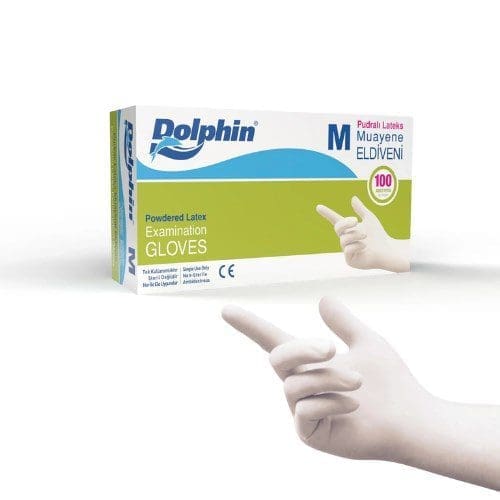 Dolphin pudralı lateks muayene eldiveni m beden 100'lü paket Dolphin pudrali lateks muayene eldiveni m beden 100 lu paket