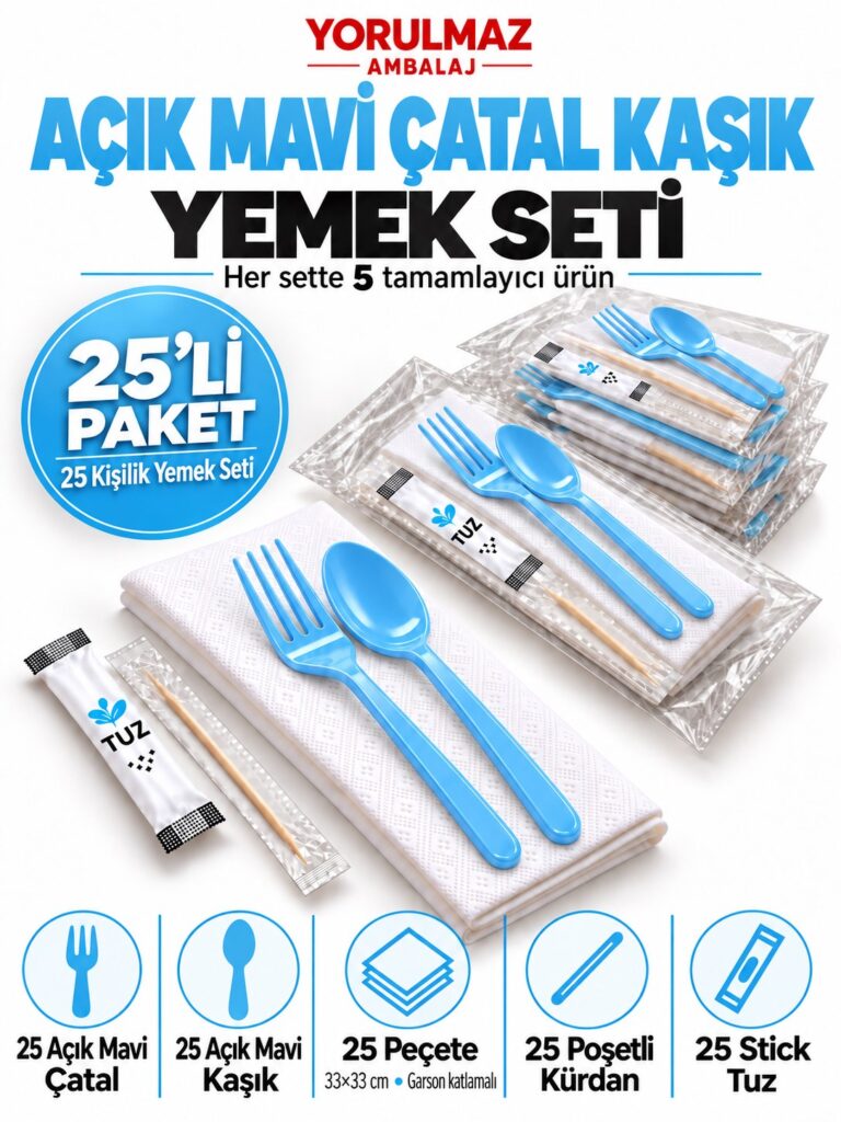 Açık mavi çatal kaşık yemek seti – garson peçete, poşetli kürdan ve stick tuz