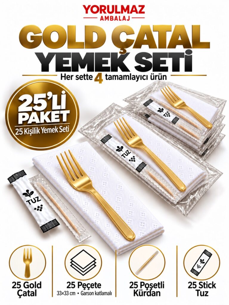 Gold çatal yemek seti – garson katlamalı peçete, poşetli kürdan ve stick tuz