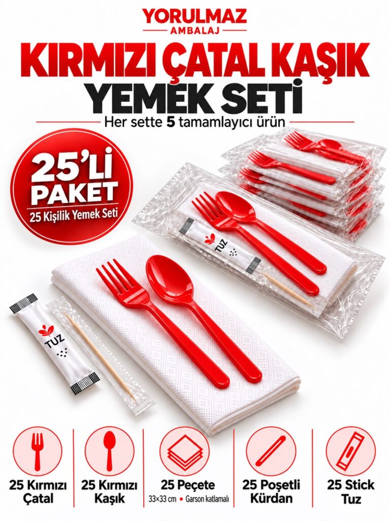 Kırmızı çatal kaşık yemek seti garson katlı peçete, poşetli kürdan ve stick tuz