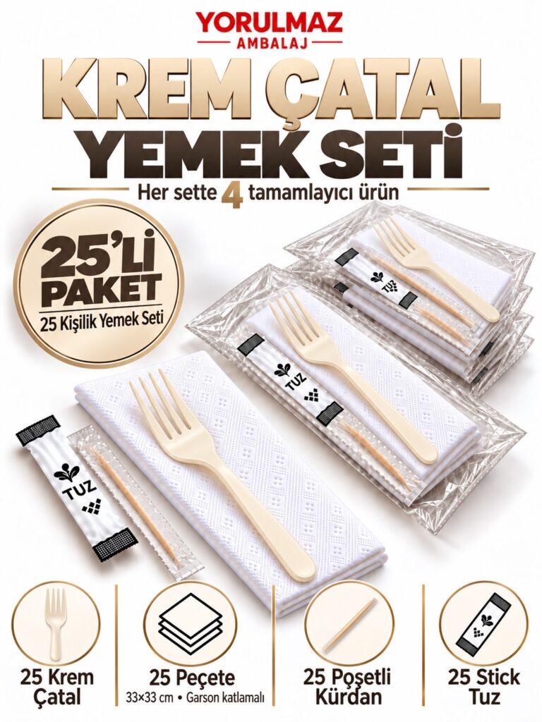 Krem çatal yemek seti – garson katlamalı peçete, poşetli kürdan ve stick tuz