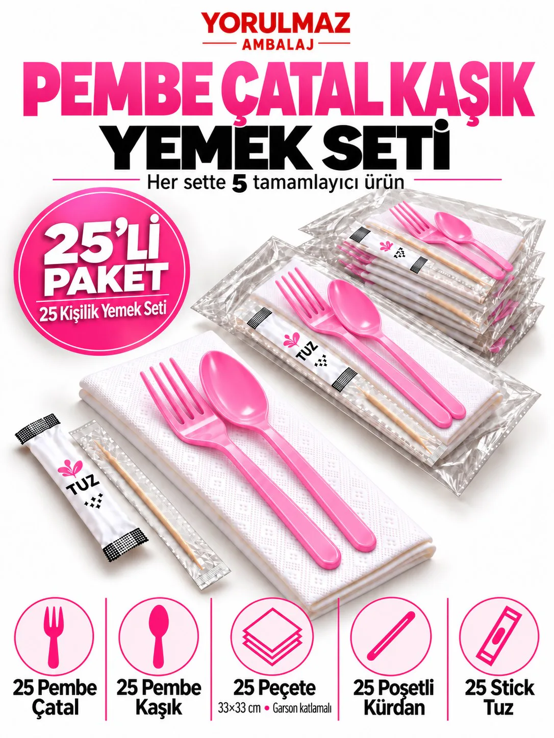 Pembe çatal kaşık yemek seti 25 kişilik – 33×33 cm garson katlı peçete, poşetli kürdan ve stick tuz Pembe çatal kaşık yemek seti – garson katlı peçete, poşetli kürdan ve stick tuz