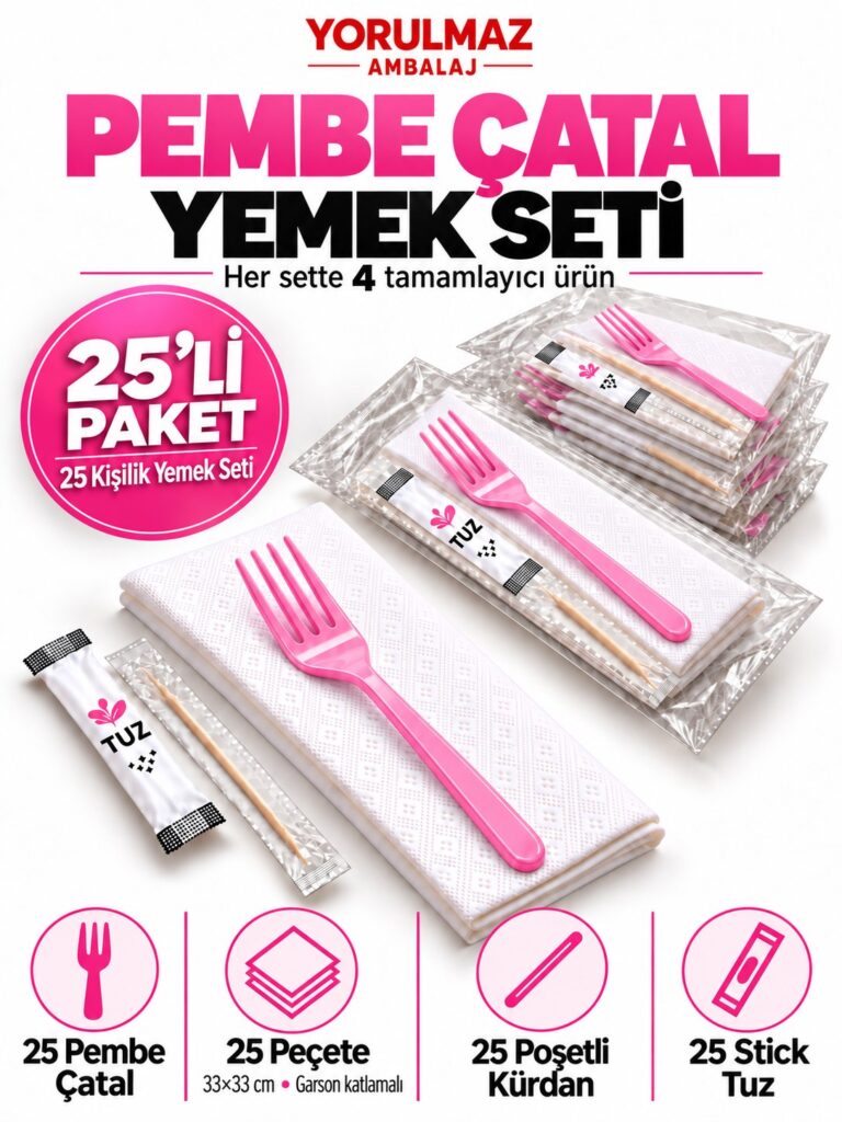 Pembe çatal yemek seti – garson katlamalı peçete, poşetli kürdan ve stick tuz