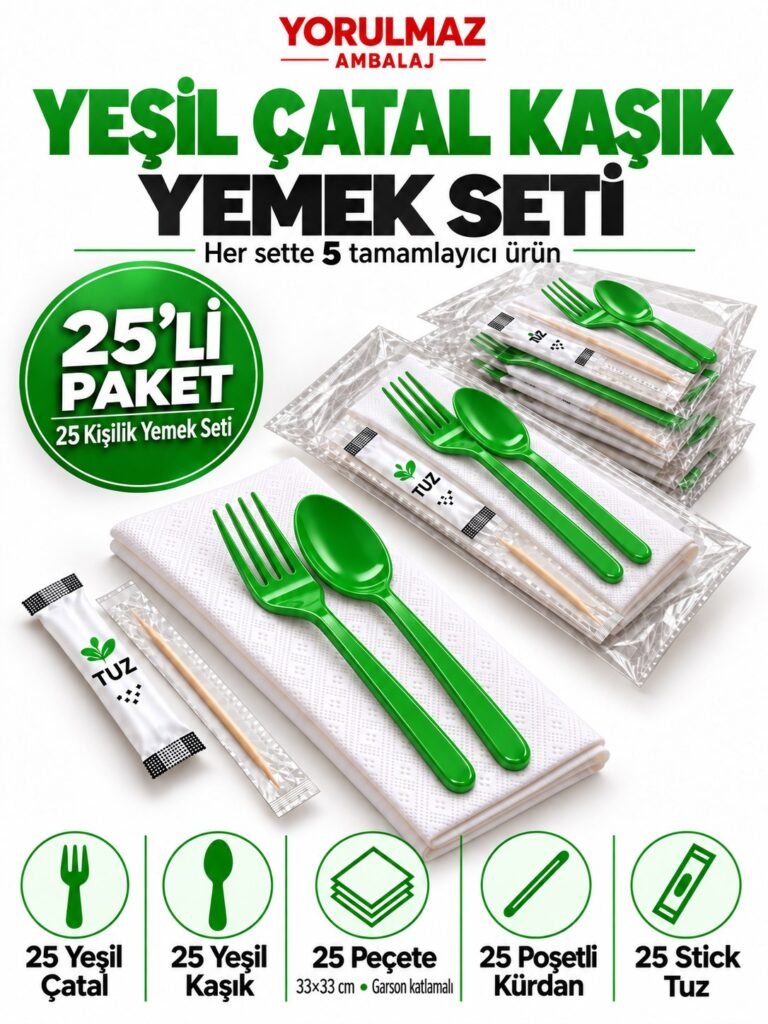 Yeşil çatal kaşık yemek seti – garson katlı peçete, poşetli kürdan ve stick tuz