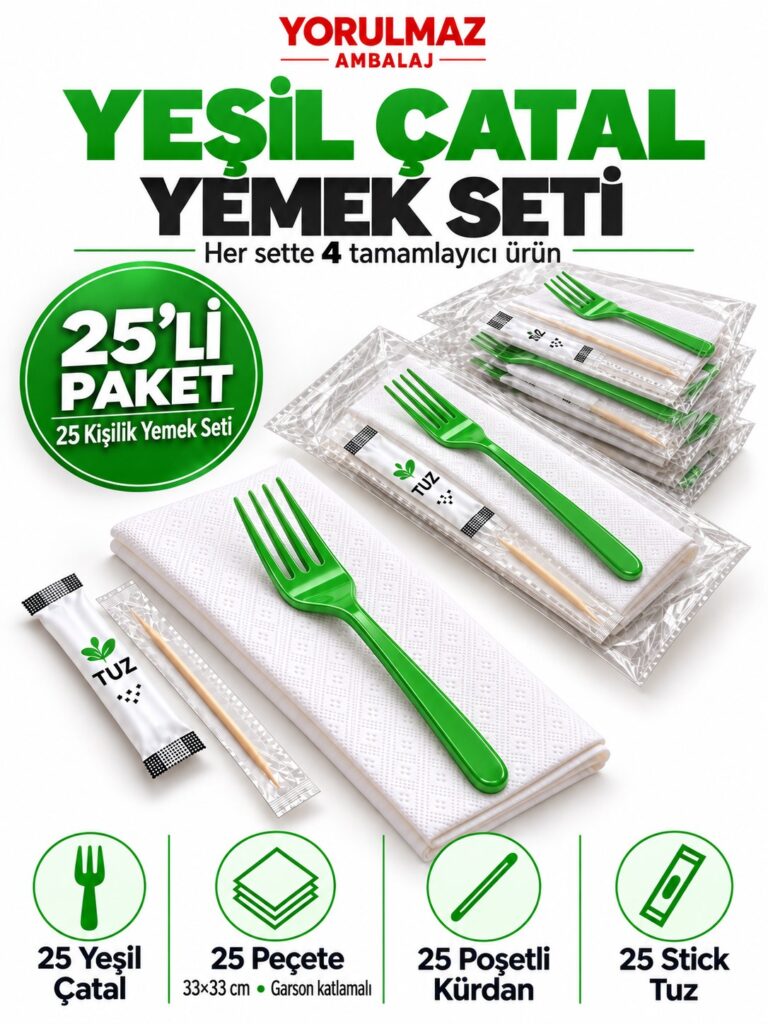 Yeşil çatal yemek seti – garson katlamalı peçete, poşetli kürdan ve stick tuz
