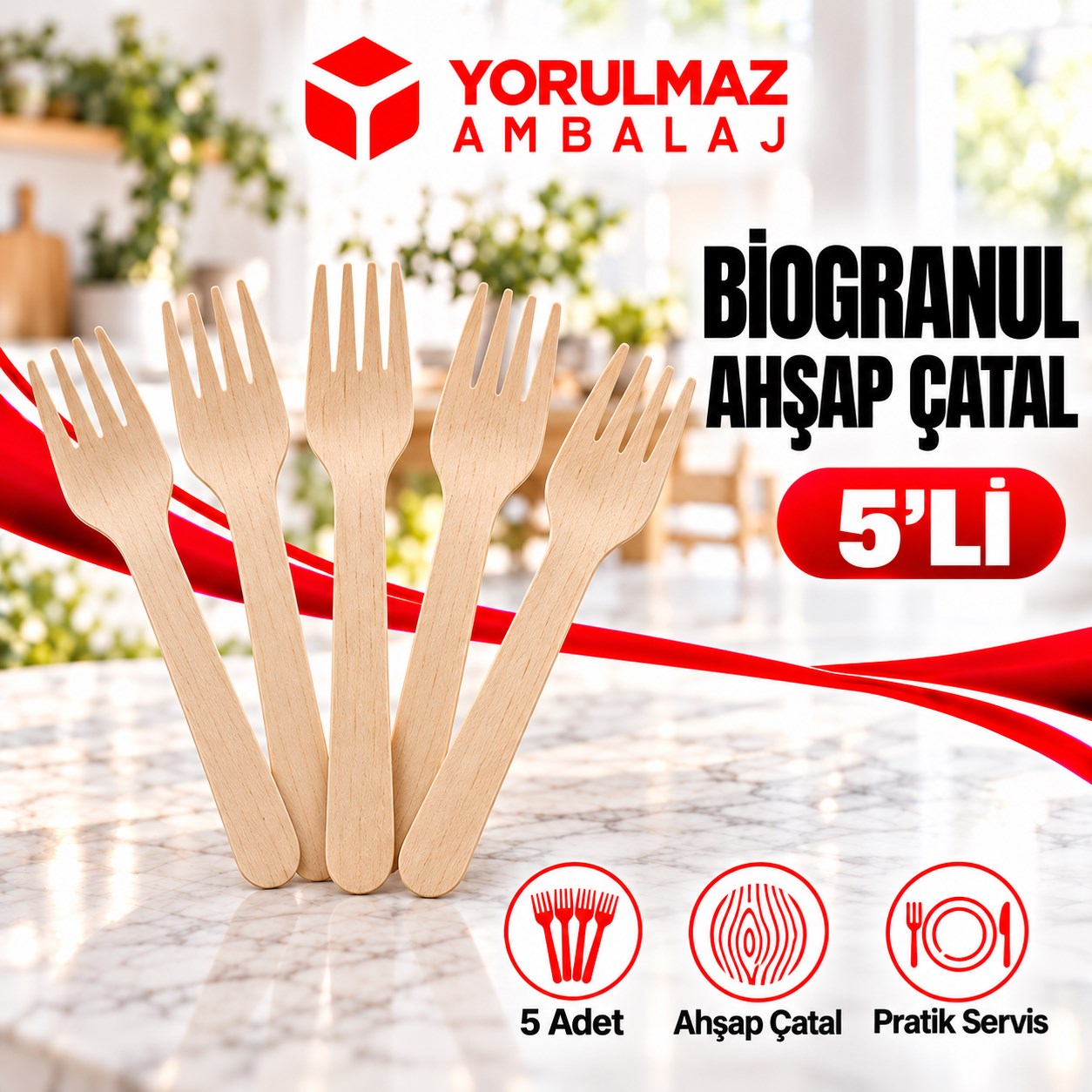 Biogranül 5'li ahşap çatal seti | %100 doğal ve çevre dostu Biogranül ahşap çatal seti | %100 doğal ve çevre dostu