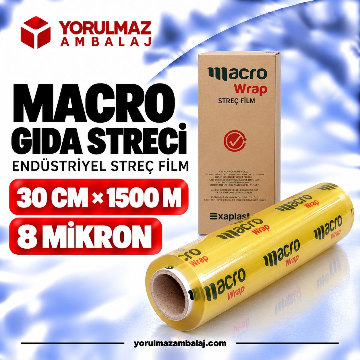 Macro 30x1500 metre 8 mikron streç film | gıda onaylı | endüstriyel streç | şeffaf Macro 8 mikron streç film | gıda onaylı | endüstriyel streç | şeffaf