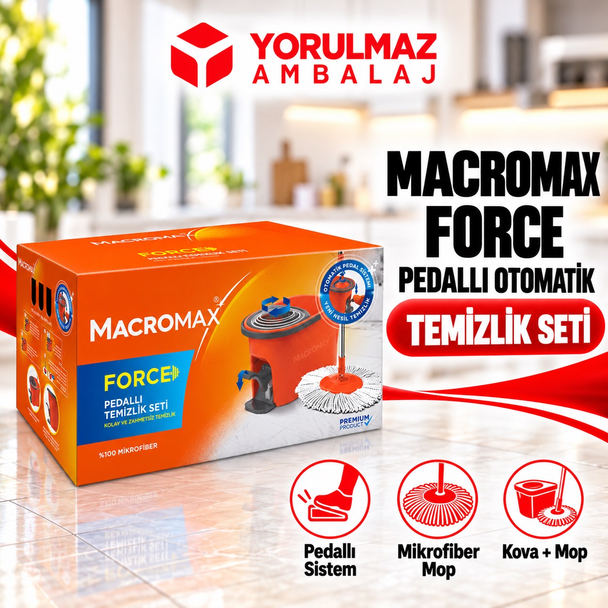 Macromax force pedallı otomatik temizlik seti | 360° döner başlıklı mikrofiber paspas Macromax force pedallı otomatik temizlik seti | 360° döner başlıklı mikrofiber paspas
