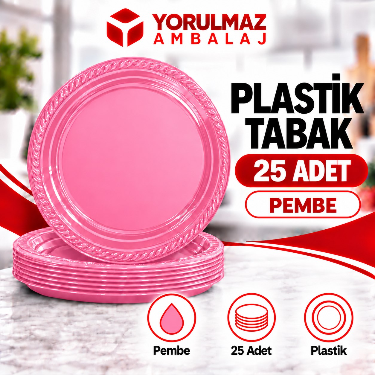 Pembe plastik tabak 25'li | parti ve i̇kram i̇çin renkli tabak Pembe plastik tabak | parti ve ikram için renkli tabak