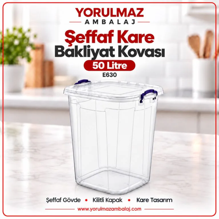 Poly time bakliyat kovası şeffaf kare E630 | dev hacimli gıda saklama kovası