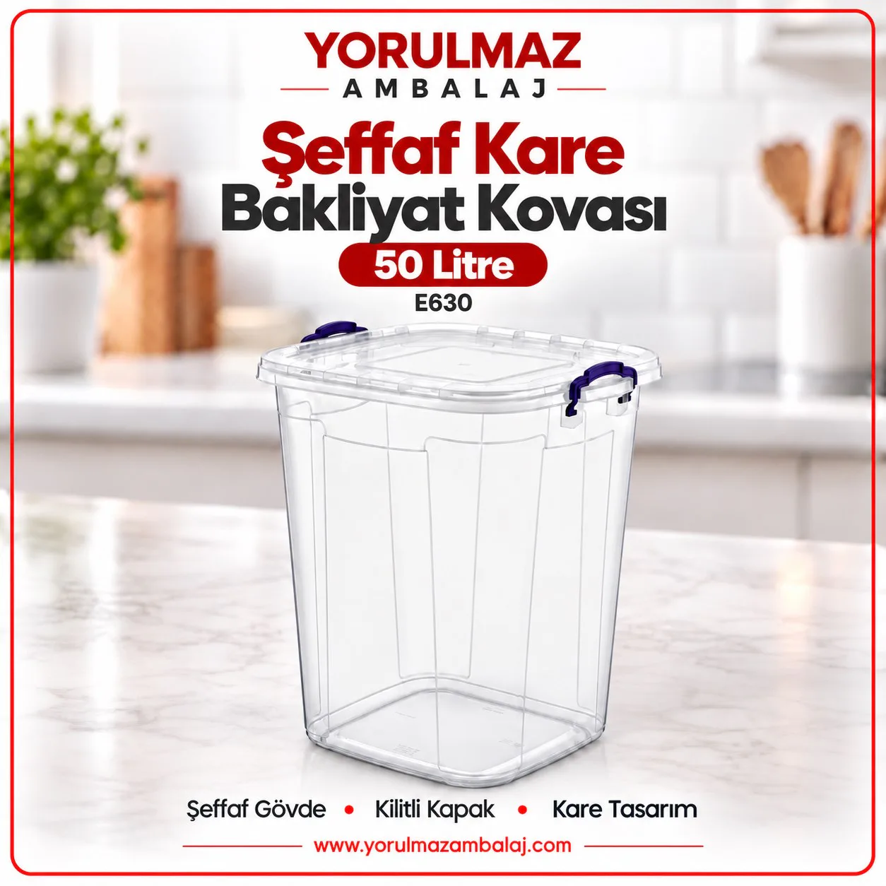 Poly time bakliyat kovası şeffaf kare 50 lt e630 | dev hacimli gıda saklama kovası Poly time bakliyat kovası şeffaf kare e630 | dev hacimli gıda saklama kovası