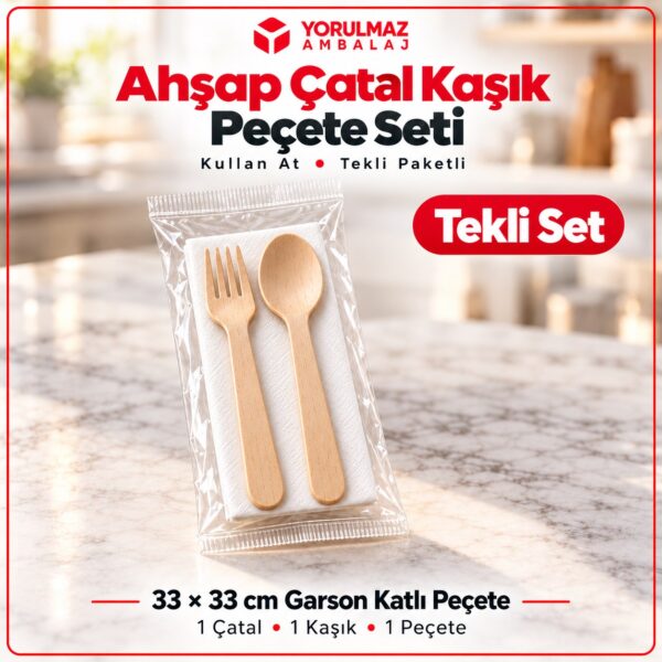Tekli paketli ahşap çatal kaşık peçete set | hijyenik ve çevre dostu ikram seti