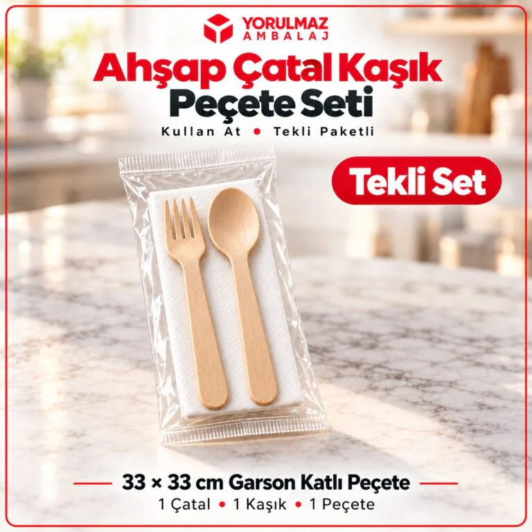 Tekli paketli ahşap çatal kaşık peçete set | hijyenik ve çevre dostu ikram seti