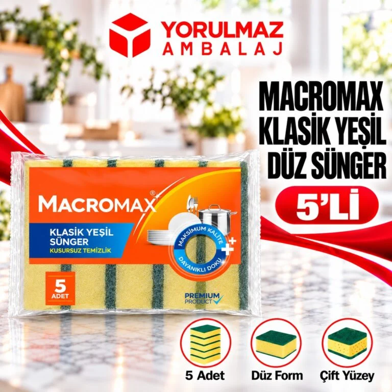 Macromax klasik yeşil düz sünger | güçlü dokulu, bol köpüklü