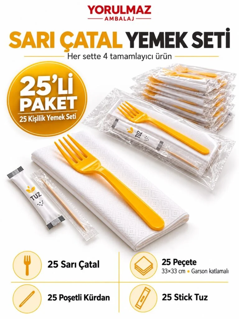 Lüks sarı çatal yemek seti – 33×33 garson katlamalı peçete, poşetli kürdan ve stick tuz