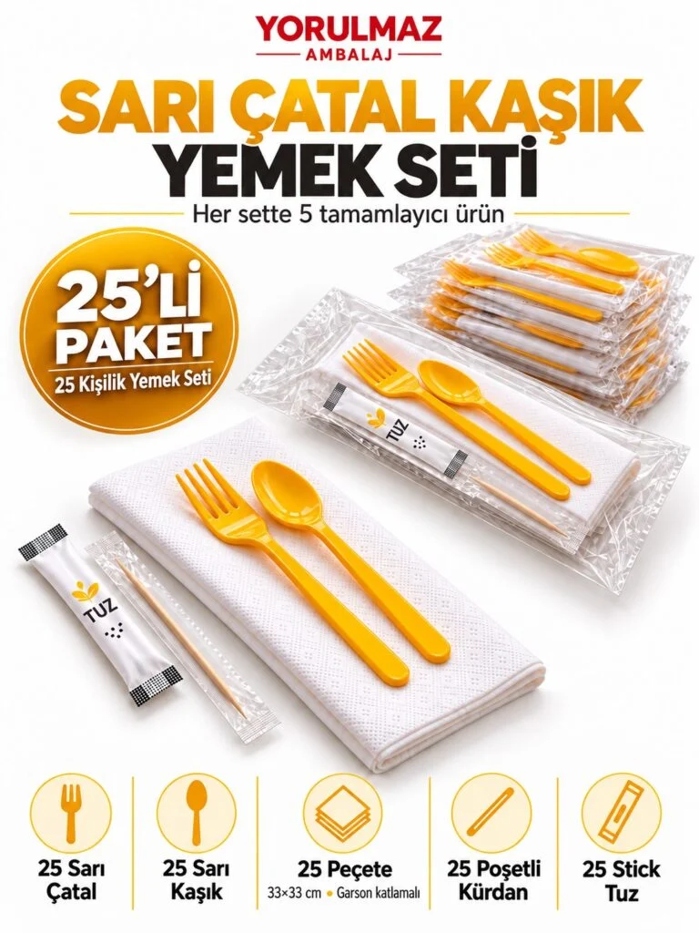 Sarı çatal kaşık yemek seti garson katlama peçete, poşetli kürdan ve stick tuz