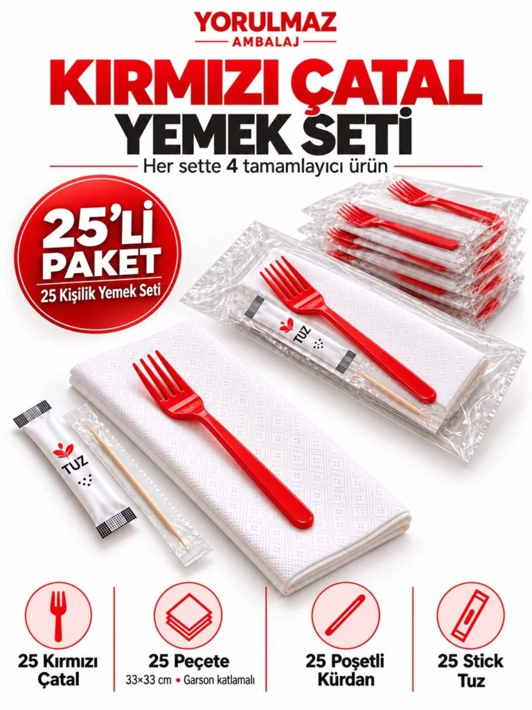 Kırmızı çatal yemek seti – garson katlamalı peçete, poşetli kürdan ve stick tuz