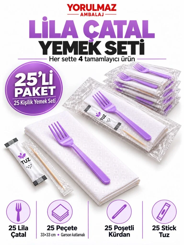 Lila çatal yemek seti – garson katlamalı peçete, poşetli kürdan ve stick tuz