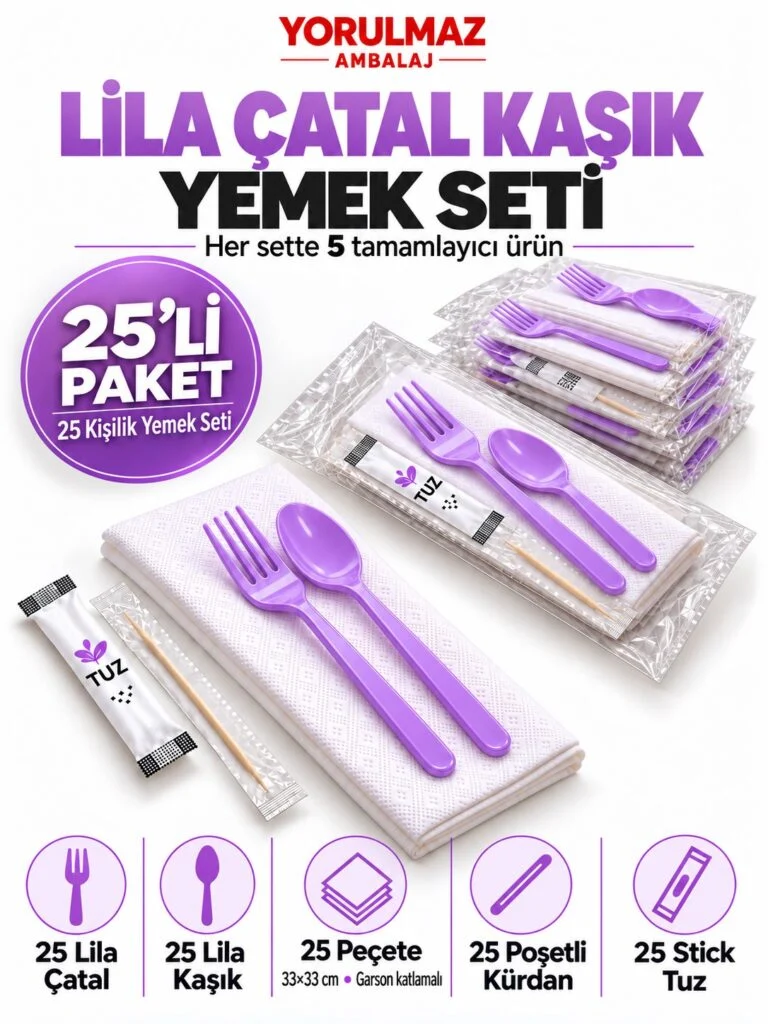 Lila çatal kaşık yemek seti garson katlı peçete, poşetli kürdan ve stick tuz