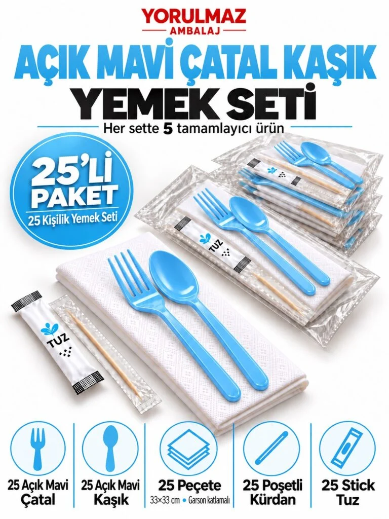 Açık mavi çatal kaşık yemek seti – garson peçete, poşetli kürdan ve stick tuz