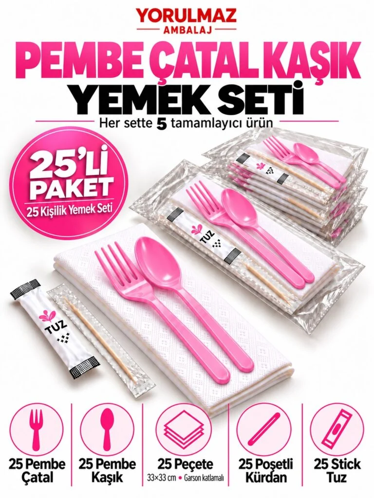 Pembe çatal kaşık yemek seti – garson katlı peçete, poşetli kürdan ve stick tuz
