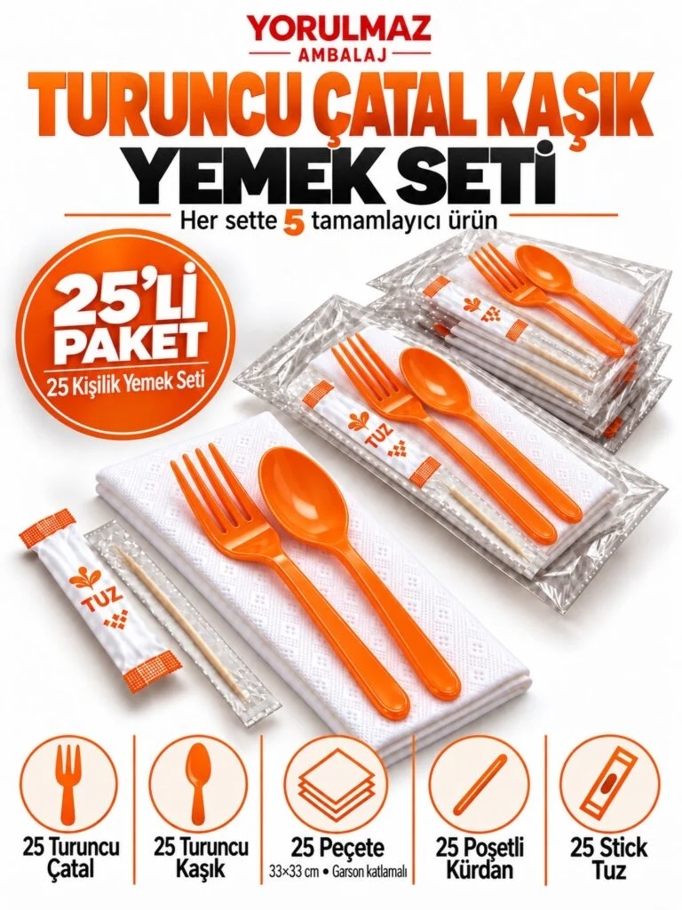 Turuncu çatal kaşık yemek seti garson katlı peçete, poşetli kürdan ve stick tuz