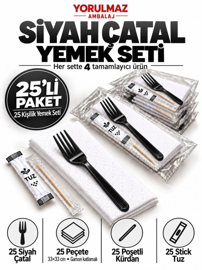 Siyah çatallı yemek seti – peçete, kürdan ve stick tuzlu