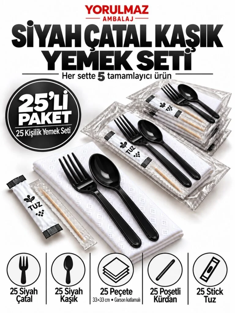 Siyah çatal kaşık yemek seti – garson katlı peçete, poşetli kürdan ve stick tuz