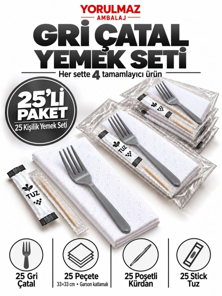 Gri çatal yemek seti – garson katlamalı peçete, poşetli kürdan ve stick tuz