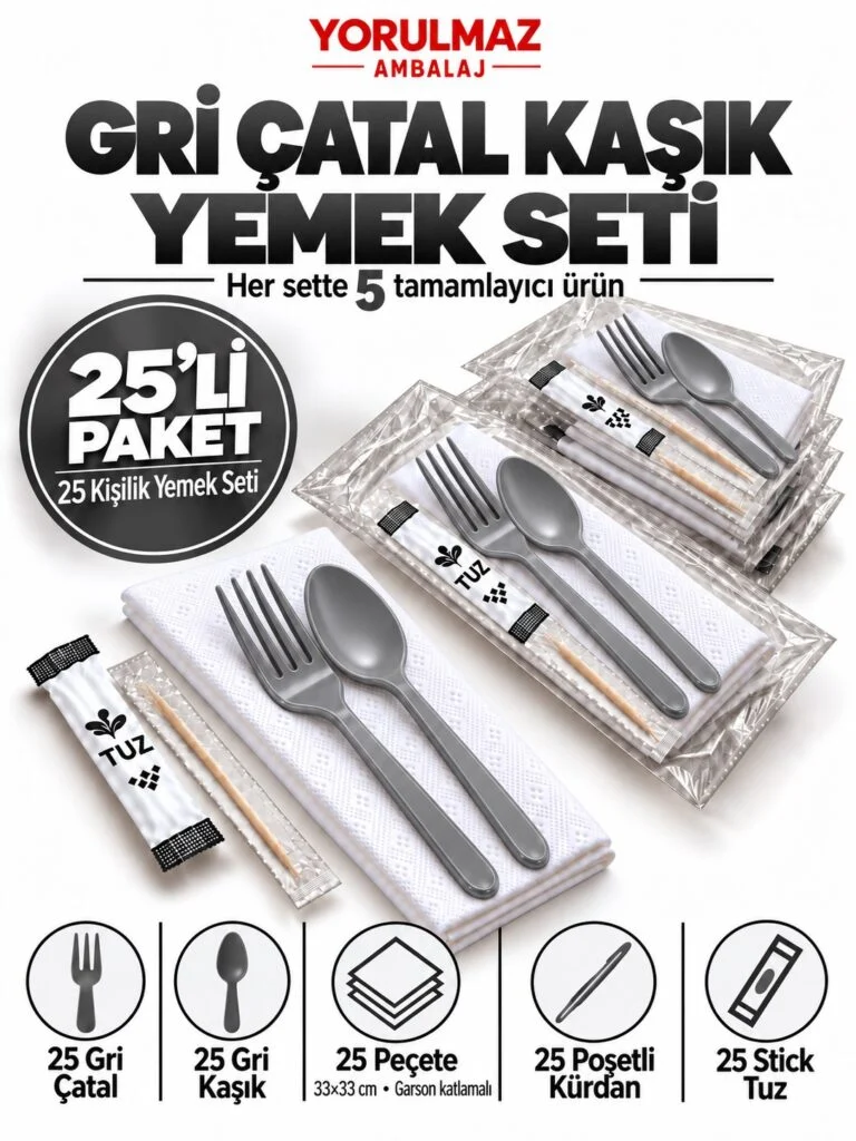 Gri çatal kaşık yemek seti – garson katlı peçete, poşetli kürdan ve stick tuz