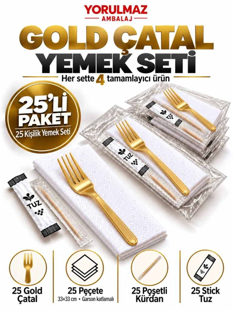Gold çatal yemek seti – garson katlamalı peçete, poşetli kürdan ve stick tuz