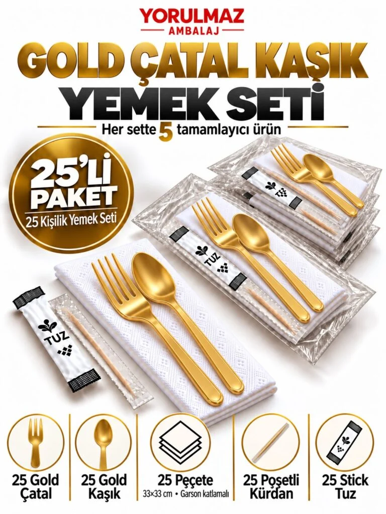 Gold çatal kaşık yemek seti – garson katlı peçete, poşetli kürdan ve stick tuz