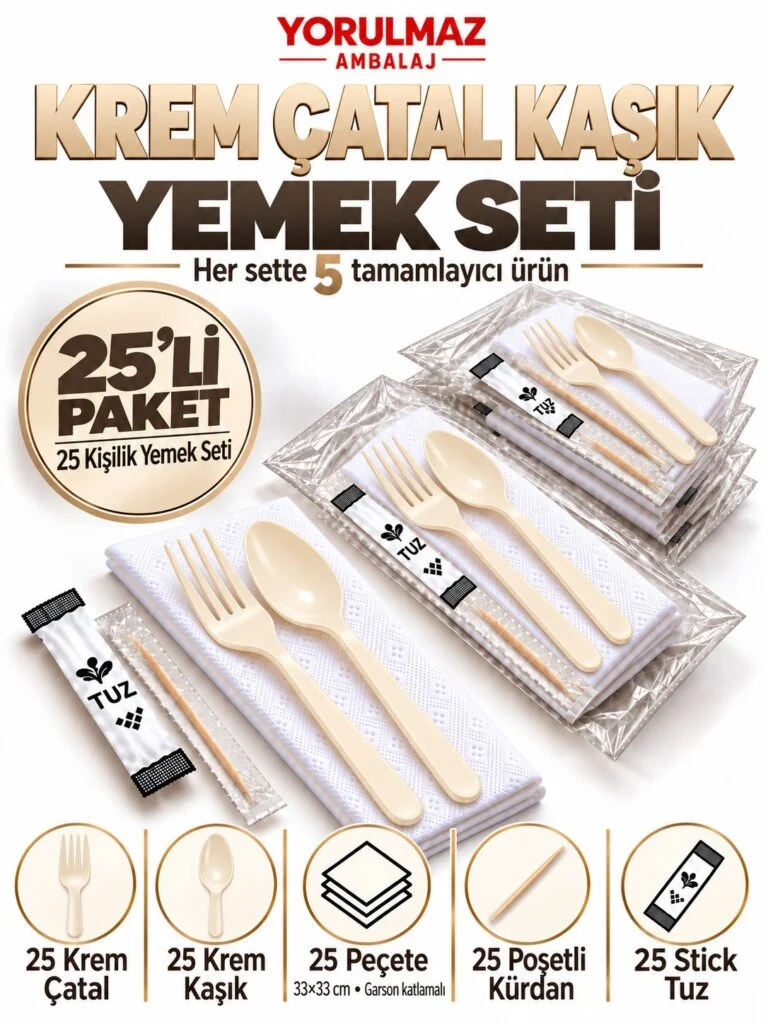 Krem çatal kaşık yemek seti – garson katlı peçete, poşetli kürdan ve stick tuz