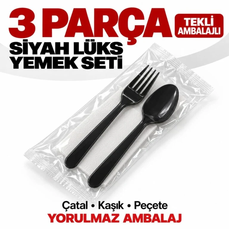 Tekli ambalajlı siyah plastik lüks kullan at 3 parça yemek seti – çatal, kaşık ve peçete
