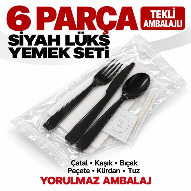 Tekli ambalajlı siyah plastik lüks kullan at kaşık, çatal, peçete, kürdan, tuz yemek seti
